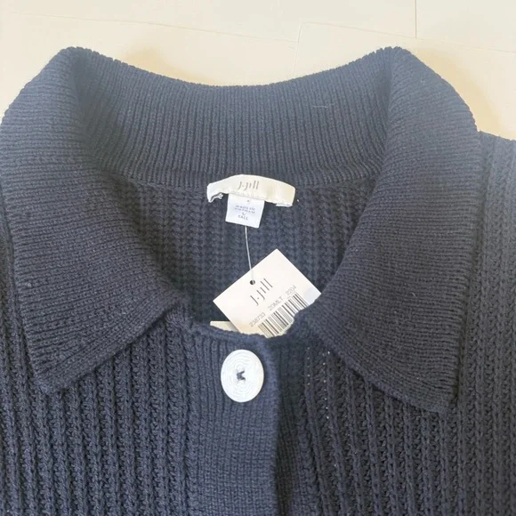J. Jill Navy Blue Cotton Blend Colared Button Down Cardigan Size L Tall - Picture 5 of 7